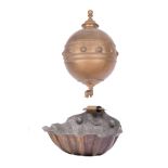 Continental Brass and Copper Lavabo , 19th c., globe-form font, shell-form basin, font h. 13 in.,
