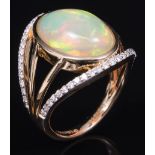 14 kt. Yellow Gold, Opal and Diamond Ring , center bezel set oval cabochon opal, wt. approx. 6.20