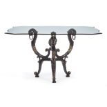Etruscan-Style Patinated Metal and Glass Table , acanthine and rope twist scroll supports, pineapple