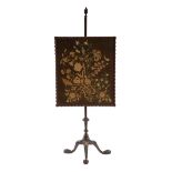 Antique Irish Carved Mahogany Pole Screen , later needlepoint panel, spiral finial, acanthine tripod