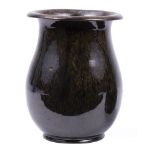 George Ohr Art Pottery Vase , rolled rim, green, mustard and black speckled glaze, base stamped "G.