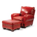 Art Deco-Style Red Leather Chair and Ottoman , rounded arms, bun feet, braided leather welt ,