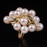 14 kt. Yellow Gold, Cultured Pearl and Diamond Ring ; together with pair of earrings **Please