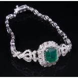 14 kt. White Gold, Emerald and Diamond Bracelet , mounted with center octagonal step cut emerald,