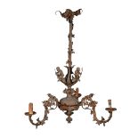 American Rococo Bronze Three-Light Gasolier , c. 1855, mounted with cherubs and masks, h. 46 in.,