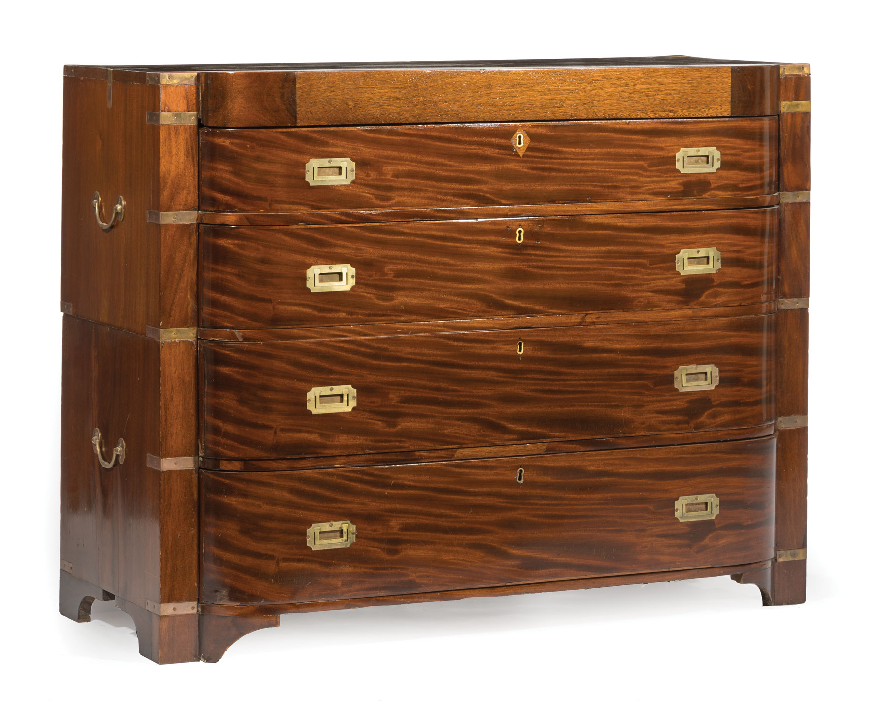 Anglo-Colonial Brass-Mounted Mahogany Bowfront Campaign Chest , 19th c., in two sections, top drawer