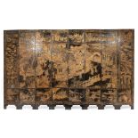 Chinese Carved and Painted Lacquer Eight Panel Screen , front with elaborate court scenes between
