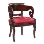 French Neoclassical Carved Mahogany Armchair , 19th c., barrel form, outswept back, scrolled arms,