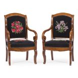 Pair of Louis Philippe Fruitwood Fauteuils , arched back, scrolled arms, lappet carved legs,