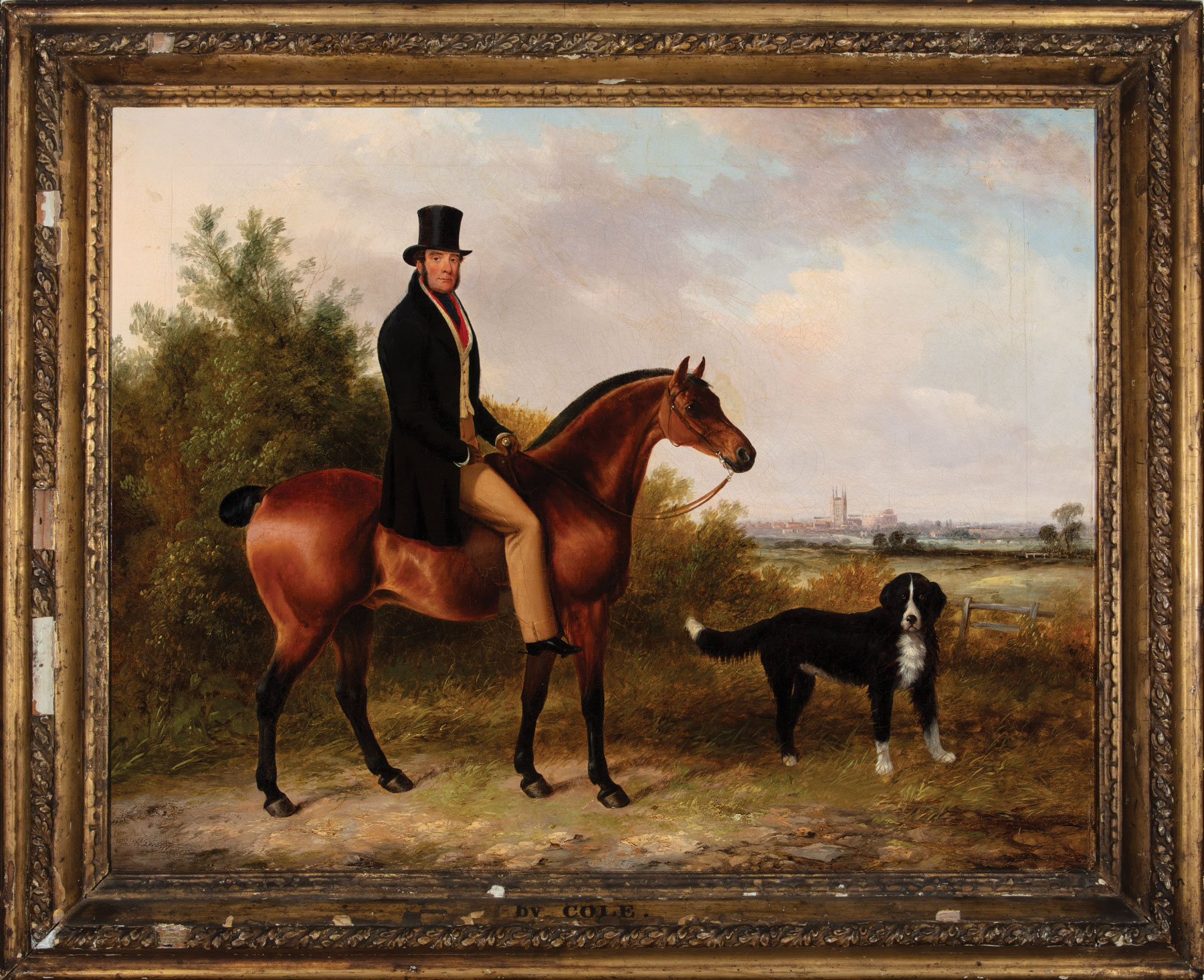 George Cole (British, 1810-1885), "John Peale on his Favorite Hunter and a Dog", oil on canvas,