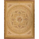 Aubusson-Style Carpet , mustard ground, olive border, floral designs, 7 ft. 10 in. x 10 ft