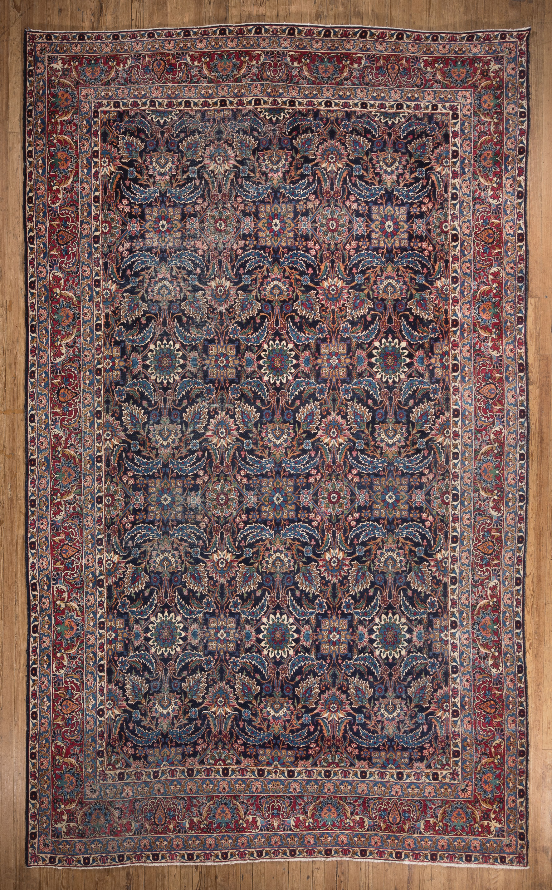 Persian Carpet , blue ground, red border, repeating design, 11 ft. 4 in. x 19 ft. 1 in