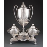 George III Sheffield Plate Tea Machine , c. 1790, comprised of hot water urn flanked by pair of