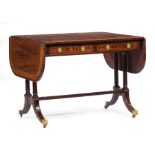 Regency Mahogany and Satinwood Inlaid Sofa Table , early 19th c., drop-leaf top, two frieze drawers,