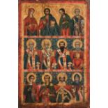 Greek Icon of Twelve Saints , gilt and tempera on panel, inscribed and partial sketch on reverse, 16