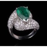 18 kt. White Gold, Emerald and Diamond Ring , center prong and partial bezel set pear shape