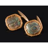 Vintage Pair of Yellow Gold and Abalone Cuff Links , squared bodies with slightly rounded corners,