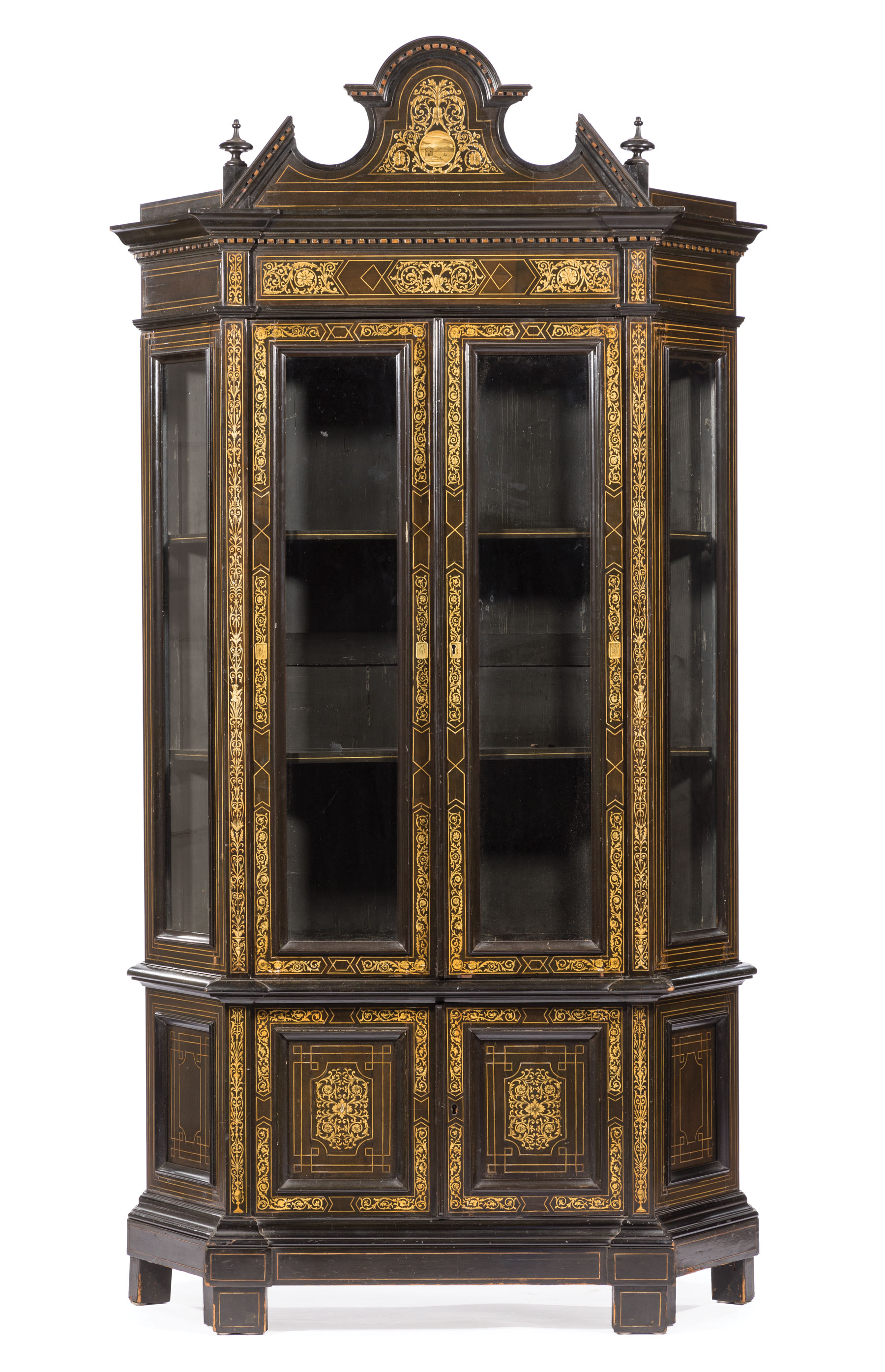 Italian Lombardy Inlaid Collector's Cabinet , late 19th c., broken pediment crest with central - Image 2 of 3