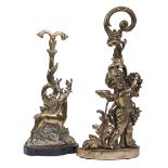 Two English Brass Figural Doorstops , one a cherub, other a stag, taller h. 19 1/4 in