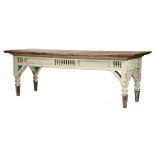 Indo-Colonial Paint-Decorated Table , reeded top, spindled frieze, spandrel brackets, turned tapered