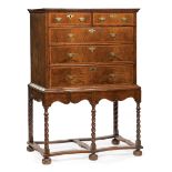 Georgian Burl Walnut Chest on Stand , superstructure with molded flat top, two short drawers over