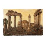 Italian Patinated Plaster Wall Relief depicting Roman Ruins , h. 40 in., w. 60 in., d. 4 in