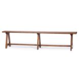 English Oak Trestle Bench , 19th c., tenoned and pegged construction, stretcher, h. 17 3/4 in., w.