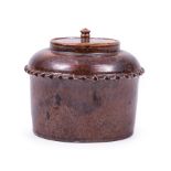George Ohr Art Pottery Lidded Vessel , scalloped rim, umber glaze with black spattering, base