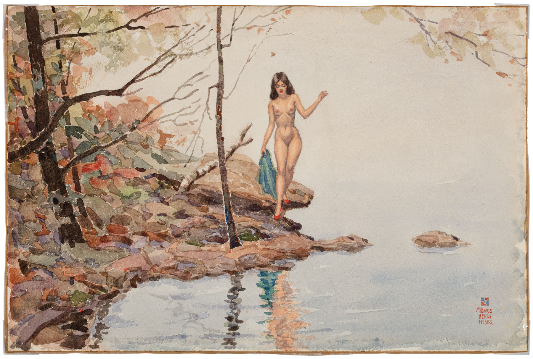 Morris Henry Hobbs (American/New Orleans, 1892-1967), "Nude on Rocky Lakeshore", watercolor and