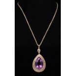 14 kt. Yellow Gold, Kunzite and Diamond Pendant on 14kt Yellow Gold Chain , center prong set pear