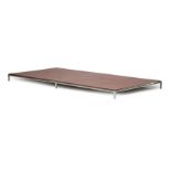 Modern Low Coffee Table , tubular chrome frame, 2 inset rouge panels, h. 4 1/4 in., w. 77 1/2 in.,