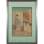 Ogata Gekko (Japanese, 1859-1920), "In the Company of a Cat", woodblock print, sight 12 3/4 in. x