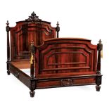 French Carved Rosewood Bed , swagged acanthine crest, turned finials, paneled headboard and foot