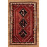 Persian Qashqai Carpet , red ground, three medallions, 5 ft. 4 in. x 8 ft. 4 in