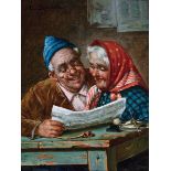 Adolfo Dumini (Italian, b. 1863), "Happy Couple Reading the Paper", oil on canvas laid on metal,
