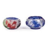 Two Chinese Glass Brush Washers , incl. blue overlay clear glass, carved with fish amid water reeds,