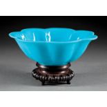 Chinese Opaque Turquoise Blue Flori-Form Glass Bowl , early 20th c., lobed sides, everted flat