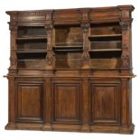 Italian Renaissance Carved Walnut Bookcase , architectonic dentil molded cornice, open bookshelves