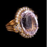 14 kt. Yellow Gold, Kunzite and Diamond Cluster Ring , oval faceted kunzite and 32 full cut diamonds