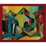 Joe Gray II (American/Ohio, 20th c.), "Houses", 1950, oil on canvas, signed lower right, signed