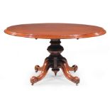 English Mahogany Tilt-Top Breakfast Table , late 19th c., molded oval top, bulbous-turned