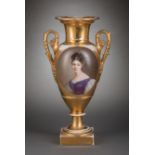 Large Paris Porcelain Polychrome and Gilt Portrait Vase , early 19th c., underside stamped in red "