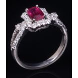 Platinum, Ruby and Diamond Ring , center prong set rectangular cushion mixed cut ruby, wt. 1.12