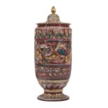 Belgian Ceramic Covered Vase by La Maitrise de Nimy , c. 1940, signed, incised decoration in gilt