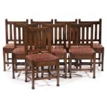 Roycroft Oak Dining Table and Eight Chairs , table with tapered legs, stretcher base, club feet,