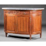 Louis XVI-Style Mahogany Demilune Commode , later blue granite top, stop-fluted frieze with