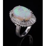 Platinum, Opal and Diamond Cocktail Ring , center prong set oval cabochon opal, 16.80 x 11.10 mm;