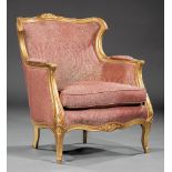 Antique Louis XV-Style Giltwood Bergere , floral carved crest, padded arms, cabriole legs , h. 34