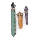 Three Tibetan Cabochon Embellished Hardstone Healing Wands , l. 6 1/2 in., 3 1/4 in. and 3 1/4 in