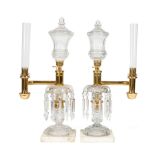 Pair of English Cut Crystal Argand Lamps , mid-19th c., with faceted spear prisms, marble base, h.